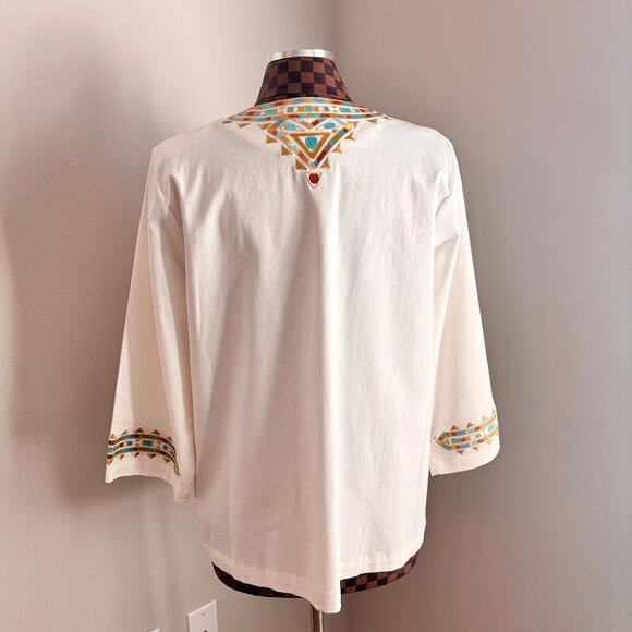 Bob Mackie Aztec Jacket Womens Large White Embroidered Blouse Southwestern Boho